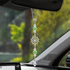 Lyxheth Flower Rear View Mirror Car Charms, Rear View Mirror Accessories, Crystal Boho Auto Hanging Decor, Sun Catcher Cute Car Interior Decorations Accessories for Women Men (Green)