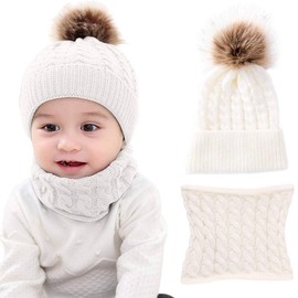 CheChury Unisex Baby’s Winter Hat & Scarf, Children's Set, Loop Scarf, Warm Knitted Hat With Pom Pom, Knitted Winter Scarf, Slip-On Hat For Children Aged 1-3 Years - A-White