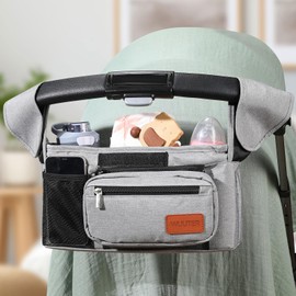 WUUTER Universal Stroller Organizer with Cup Holder & Detachable Wristlet Large Baby Stroller Bag for Mom, Uppababy, Baby Jogger, Britax, BOB & Umbrella Strollers (Grey)