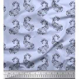 Soimoi Blue Cotton Duck Fabric Black Sketch Floral & Paisley Print Fabric by The Yard 42 Inch Wide
