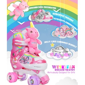 Unicorn Doll Kids Toddler Roller Skates for Girls,WESKIFAN Quad Skating Shoes with Shiny Light up Wheels&Adjustable Sizes Beginners rollerskates for Birthday Xmas Gifts,Patines para Niñas Niños