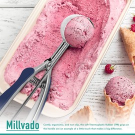 Millvado 3 Pack Stainless Steel Ice Cream and Cookie Scoops | With Blue Rubber Grips – Spring Loaded Lever Design – For Sorbet, Melon, Meatballs, Muffins, and More – Includes 1-Oz, 2-Oz, and 3-Oz