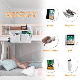 Surblue Bedside Caddy Bedside Storage Bag Hanging Organizer for Bunk, Hospital Beds, Dorm Rooms Bed Rails Camp 4 Pockets and 2 Hooks (White)