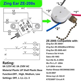Ceiling Fan Switch Zing Ear ZE-208s E89885 3 Speed 4 Wire Pull Chain Switch with 4 Pre-Installed Wires Replacement Part for Hunter, Hampton Bay, Harbor Breeze Fans (Bronze Chain)