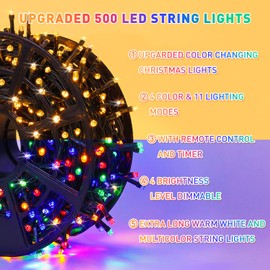 JMEXSUSS 500 LED Color Changing Christmas Lights, 173ft 11 Modes Warm White & Multicolor String Lights with Remote Outdoor Waterproof Christmas Tree Lights Plug in for Party Christmas Indoor Decor