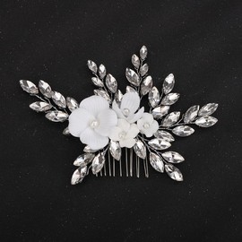 Teyglen White Flower Wedding Hair Comb Sparkly Silver Rhinestone Hair Piece Crystal Bridal Side Comb with Flower Floral Hair Accessories for Women(Silver)