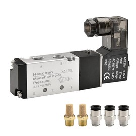 Heschen Electrical Pneumatic Solenoid Valve 4V110-06 220VAC PT1/8 5 Way 2 Position Single Coil Pilot-Operated Electric CE with Fittings and Muffler