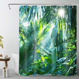 LB Shower Curtain, Green Banana Leaves in the Forest, Waterproof, Anti-Mould, Polyester Bathroom Curtains with 10 Hooks, Tropical Jungle Plant, 150 x 180 cm