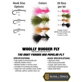 ALPHA and OMEGA - Woolly Bugger Fly KIT (20 Flies) (Hook Size #4) Trout Steelhead Salmon Fishing Streamer Wooly Bugger - (Pack of 20)