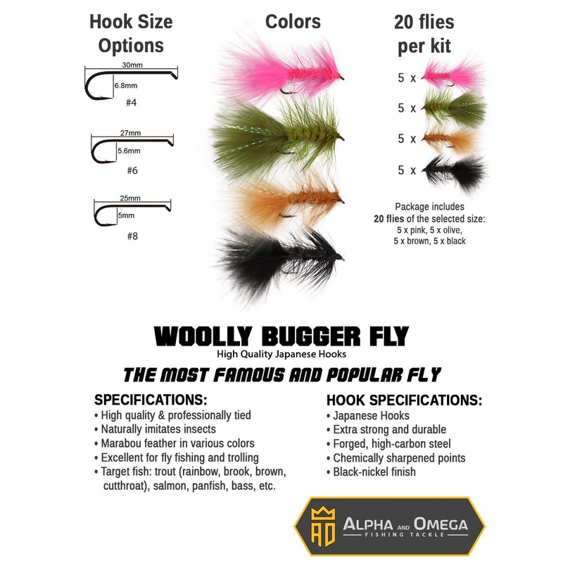 ALPHA and OMEGA - Woolly Bugger Fly KIT (20 Flies)