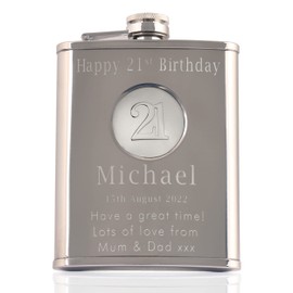 Men's 21st Birthday Stainless Steel Engraved Hip Flask with '21' Feature