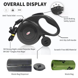 Qttie Retractable Dog Leash with Dispenser and Poop Bags, Pet Walking Leash Lead for Large Dog or Cat, Anti-Slip Soft Handle, Tangle Free, Reflective Nylon Tape(Black, 8 Meters, Max Load 40KG)