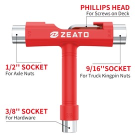 Zeato All-In-One Skate Tools Multi-function Portable Skateboard T Tool Accessory with T-type Allen Key and L-type Phillips Head Wrench Screwdriver - Red