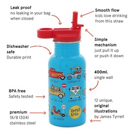 Tyrrell Katz Kids Cars Printed Drinking Bottle in Blue with Straw - Stainless Steel Dishwasher Safe Lightweight Boys Sports Water Flask - 400 ml