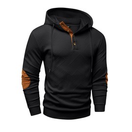 JMIERR Hoodies for men Casual Cotton Textured Long Sleeve Quarter Collar Drawstring Button Pullover Hooded Fall Sweatshirts, S, Black