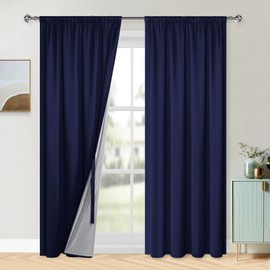 XWZO 100% Opaque Ruffle Tape Curtains, Set of 2 Double-Layer Thick and Heavy Curtains Bedroom Curtains, 200 x 140 cm (H x W), Dark Blue