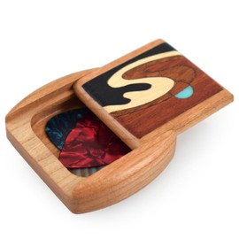 Guitar Pick Caddy Box, American Made Cherry Wood with Wave Inlay with 3 Picks