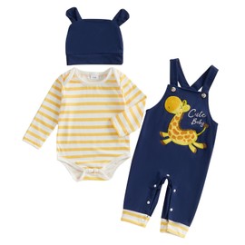 Infant Baby Boy Girl Spring Outfit Striped Long Sleeve Round Neck Romper Giraffe Embroidery Suspender Overall Pants Hat 3Pcs Set (Yellow, 9-12 Months)