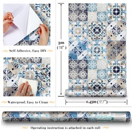 JZ·HOME 1229 Mediterranian Tile Peel and Stick Wallpaper 17.7" x 9.8ft Blue/Khaki Boho Self-Adhesive Contact Paper Removable Waterproof Kitchen Backsplash Shelf Liner Vinyl Film for Home Decor