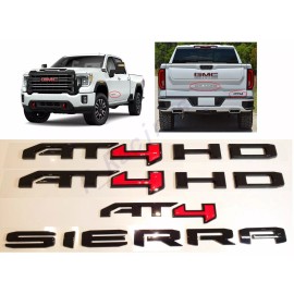 GMC 4PCS Gloss Black Red AT4 HD Emblems Sierra Letters Fit GMC Sierra 2500HD 3500HD