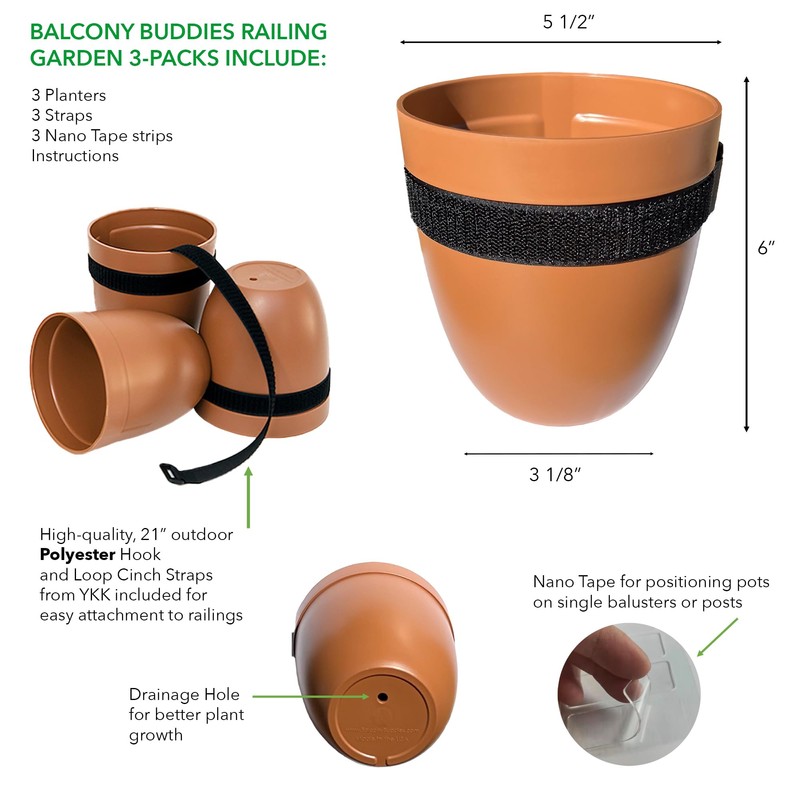 Balcony Buddies Railing Planter for Outdoor Plants (6-inch, 3-Pack) |