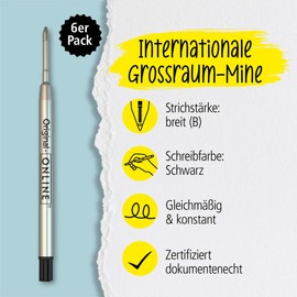Online 6x Compatible Parker Ballpoint Pen Refills G2 Format Line Width B (wide), Pelikan, Faber-Castell etc., International Standard Large Capacity Refills, Indelible, Colour Black