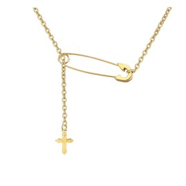 Dainty Cross Necklace Stainless Steel Lariat Cross Safety Pin Necklace for Women Men Faith Jewelry Gift (02 Gold)