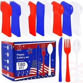 FULJOOY 180 PCS 4th of July Independence Day Plastic Silverware Set Disposable Utensils Heavy Duty Plastic Cutlery Set Disposable Utensils Includes Spoons Forks Knives for Memorial Day Decorations