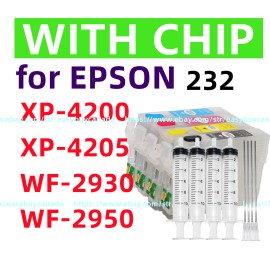 For Epson Empty refillable Ink Cartridge T232 232 XL w chip 4 xp4200 xp4205 wf2950 wf2930 - 4 Carts+ 4 Syringes