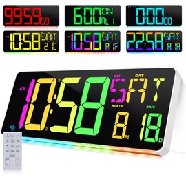 CYMHCHL Large Digital Wall Clock Large Display 11 Colors Available with Colorful Night Light Temperature Date Week DST Auto-Dimming Big LED Clock Count Up & Down Timer for Home Gym Office School