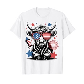 4th Of July Highland Cow Cute American Farm Boys Girls Kids T-Shirt