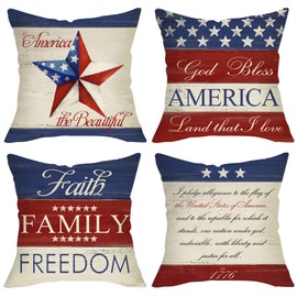 Softxpp 4th of July Patriotic American Decorative Throw Pillow Cover 18x18 Set of 4, God Bless America Est.1776 Stars Stripes Cushion Case, Faith Allegiance Family Freedom Home Sofa Couch Decor