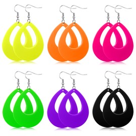 Yinkin 6 Pairs 80s 90s Neon Earrings for Women Retro Geometry Pendant Hoop Drop Dangle for 80's Outfit Glow Party Accessories(Teardrop)