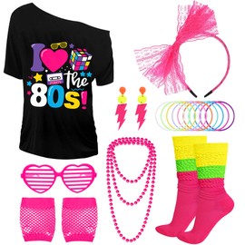 Gegvdfe 80s Outfit for Women 1980s Costume Accessories Set T Skirt Headband Bracelets Fishnet Gloves Socks Earrings for Party