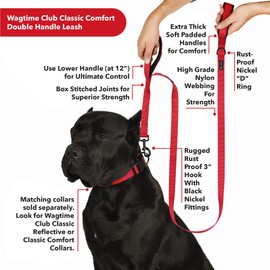Wagtime Club Soft &Thick Dual Handle 6FT Dog Leash, Premium Nylon Double Padded Handles for Medium, Large or XLarge Dog (Reflective Carnation Red)
