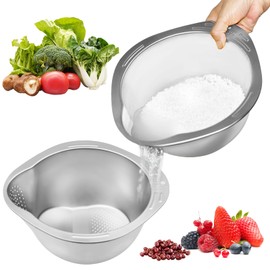 Rice Washer Strainer Bowl, Stainless Steel Washing Bowl with Side Drainers Colander Strainer for Washing Quinoa Fruits Vegetables Beans Pasta (Silver, 2pcs)