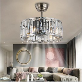 Fandian 18" Industrial Caged Ceiling Fan with Light,Bladeless Fan with 3 Speeds, Farmhouse Crystal Fandelier with Remote Control, Chrome Silver Chandelier Fan for Dining Bedroom