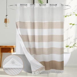 Ecoehoe Heavy Fabric No Hookd Shower Curtain with Magnets Snap-in Liner - Thick Bath Curtain with Tassel See Through Top Machine Washable 71" W * 74“ L Light Brown Stripe