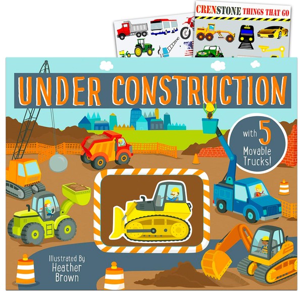 Under Construction Book for Toddlers Set ~ Construction Vehicles Book with Movable Trucks and Crenstone Stickers (Tractors, Bulldozers, Trucks, and More)