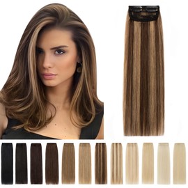 SEGO Short Hair Extensions Clip in Human Hair 8 Inch Hairpiece Human Hair Toppers for Women With Thinning Hair Adding Hair Volume -1 Pcs 12g /Medium Brown&Dark Blonde