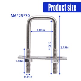 BENLIUDH U Bolts 1 Inch Wide, 70mm Length M6 Stainless Steel Square Tube Clamps with Nut and Plate (6 Set)