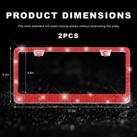 Xiqaler 2 PCS Bling License Plate Frame, Sparkling Rhinestone Auto Tag Frame with Glitter Caps, Bling Rustproof Stainless Steel License Plate Holder for Most Vehicles, Car Accessories (Red)
