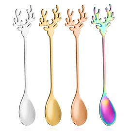 MWUMRCM 4-Piece Latte Antler Spoon Set, Multicoloured Long Spoons, Cocktail Spoons, Dessert Spoons, Ice Cream Spoons, Spoons for Iced Coffee, Stainless Steel, Dishwasher Safe