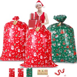 Christmas Gift Bags, Extra Large 3PCS, 56" x 36", Jumbo Plastic Bags with Tag and String for Huge Big Gifts Presents Wrapping Bike Gift Bag for Party Favors Present Wrapping