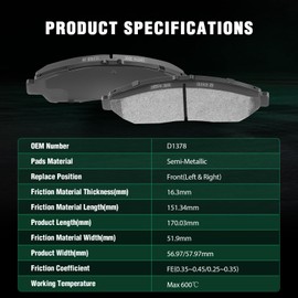 AUTOMUTO 4PCS Front Semi-Metallic Disc Brake Pads Set D1378 For Acura MDX 2007-2019,For Acura ZDX 2010-2013,For Honda Pilot 2009-2019,For Honda Ridgeline 2017-2019