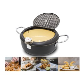 Cyrder Japanese Deep Fryer Pot with Fahrenheit Thermometer 3.5L- Nonstick Coating Fryer, Fried Tempura/Chicken/Fish/Shrimp/Meat Ball, Black 10inch