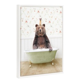 Kate and Laurel Sylvie Beaded Bear and Weasel in Country Cottage Bath Vintage Framed Canvas Wall Art by Amy Peterson, 18x24 White, Modern Fun Animal Bathtub Wall Art for Home Décor