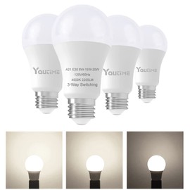 Youtime 3 Way Light Bulbs, 3 Way led Light Bulbs 50 100 150 Watt Equivalent Standard A21,Perfect for Home Lighting Daylight 4000K, 500 1600 2200 Lumens E26 Base, 4Pack