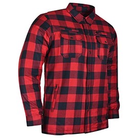 bikersgearonline Men's Biker Armored Checkered Flannel Shirt with Kevlar, Waterproof zippers & C.E. Approved Armors (2X-Large, Red/Black)