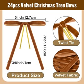 24 Pcs Brown Velvet Bows for Christmas Tree Decor, Elegant Velvet Pre-Tied Ribbon Bows Door Garland Vintage Ornaments for Christmas, Wreaths, Gifts and Home Decoration (5x7 Inch, 3/8'' Wide)